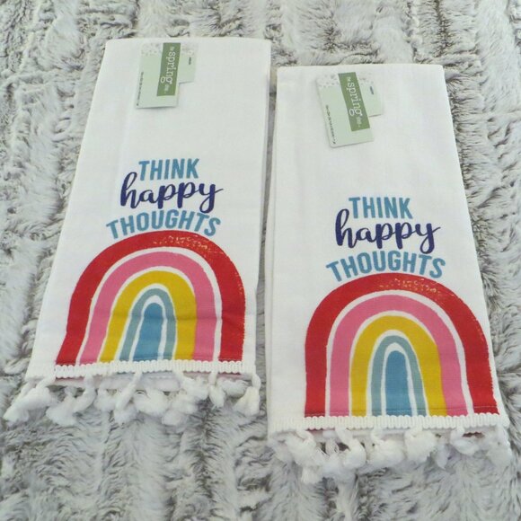 Think Happy Thoughts Rainbow Boho Hand Towels Set Of 2 New - Picture 1 of 6